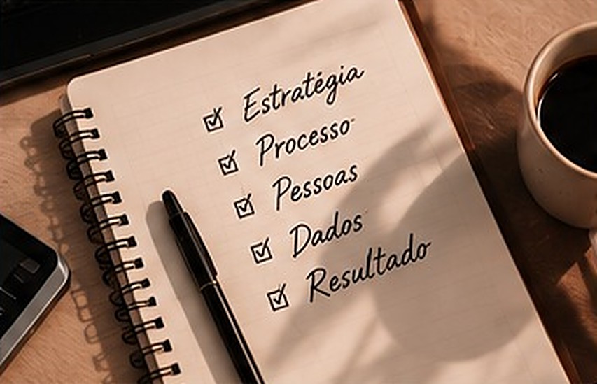 Caderno com a lista: estratégia, processo, pessoas, dados e resultado, ao lado de uma xícara de café