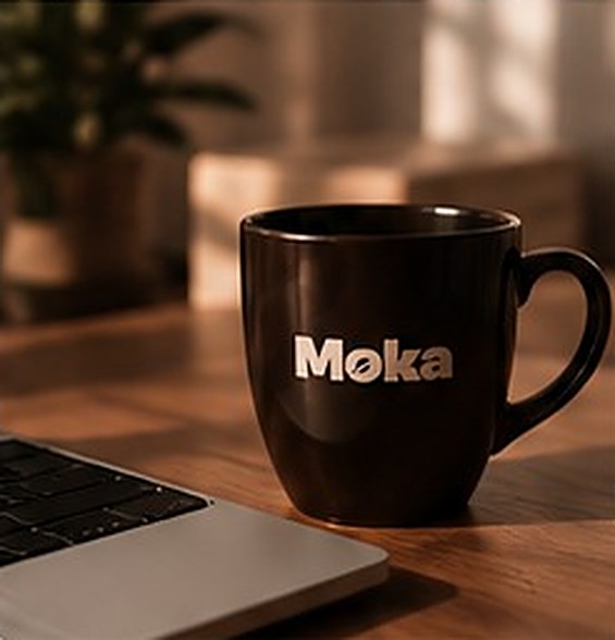 Caneca Moka sobre a mesa ao lado de um notebook